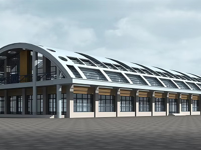Modern Industrial Factory Building With Curved Roof Large Skylights And Steel Structure 3d model