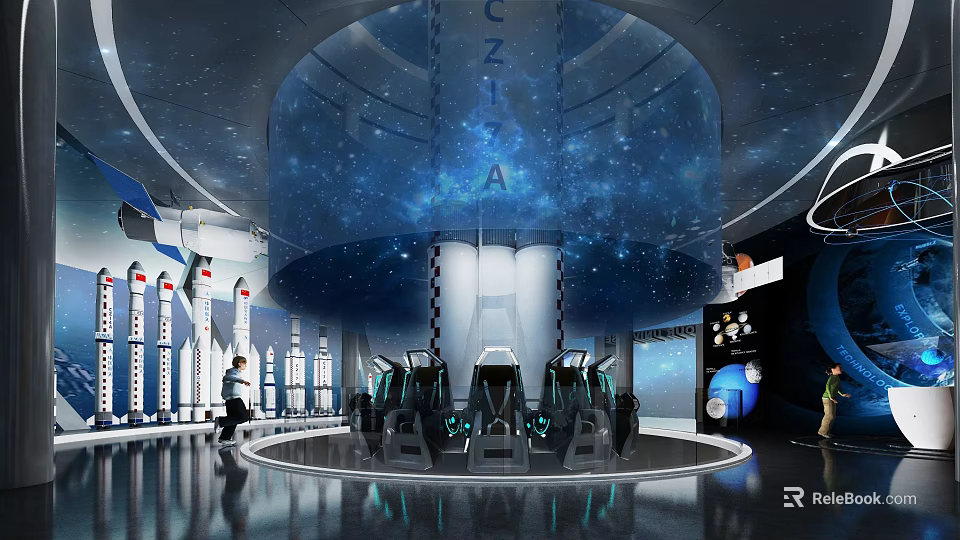 Futuristic Exhibition Hall With Starry Dome CZ-17A Lettering Circular Black Seats And Rocket Structures 3d model 