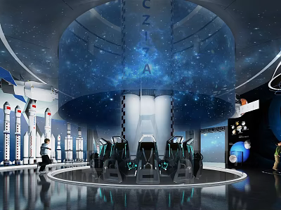 Futuristic Exhibition Hall With Starry Dome CZ-17A Lettering Circular Black Seats And Rocket Structures 3d model