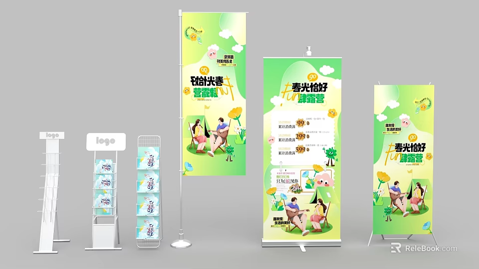 Camping Billboards with Happy Camping Theme Sunshine Cartoon Characters on Grass 3d model 