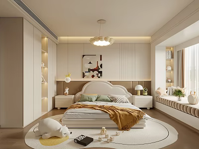 Modern Kids Bedroom Interior With Green Pillows Brown Blanket Rug And Polar Bear Plush Toy 3d model