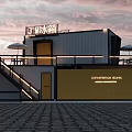 Industrial Factory Building Modern Exterior With Glass Metal Structure Commercial Lighting And Outdoor Umbrellas