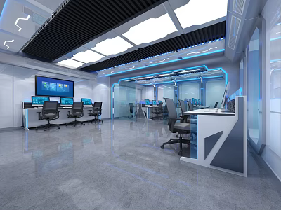 Modern Control Room With Multiple Monitors Workstations High Tech Lighting And Sleek Office Equipment 3d model