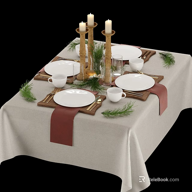 Elegant Dining Table Ornament Set with White Plates Cups Candles Pine Branches and Red Placemats 3d model 