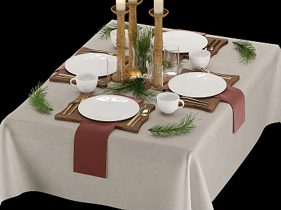 Elegant Dining Table Ornament Set with White Plates Cups Candles Pine Branches and Red Placemats 3d model