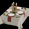 Elegant Dining Table Ornament Set with White Plates Cups Candles Pine Branches and Red Placemats