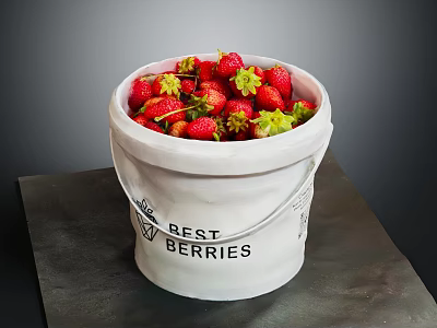 Fresh Ripe Strawberries in White Bucket with Best Berries Label 3d model