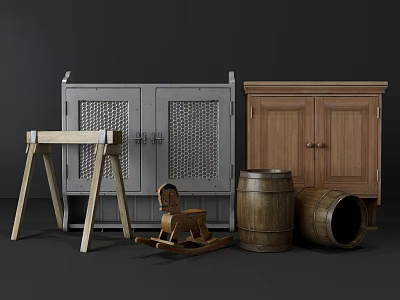 Vintage Console Table and Side Cabinet with Metal Mesh Doors Wooden Rocking Horse and Barrels 3d model