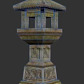 Traditional Outdoor Lantern With Stone Carved Base And Illuminated Yellow Light
