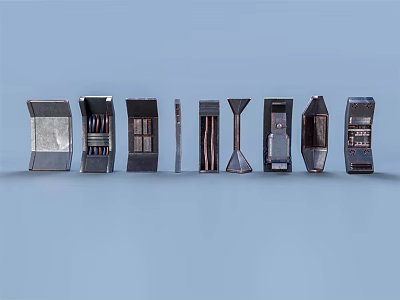 Various Black Structures with Different Shapes Arranged in a Row on Light Blue Background 3d model