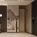 Modern Elevator Hallway With Marble Walls Black Gold Accents Wall Lamp Sculpture And Sleek Flooring
