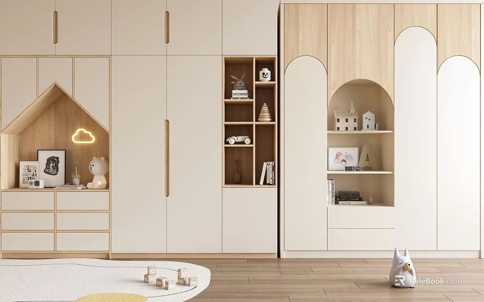 Modern Wooden Wardrobe Design With Open Shelves Drawers And Decorative Storage Items 3d model 