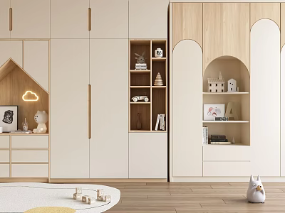 Modern Wooden Wardrobe Design With Open Shelves Drawers And Decorative Storage Items 3d model