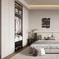 Modern Bedroom With White Wardrobe Three Square Wall Art Dressing Table Chair Curtains And Rug