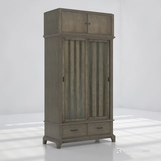 Classic Wooden Wardrobe With Double Doors Vertical Slats And Bottom Drawers 3d model 