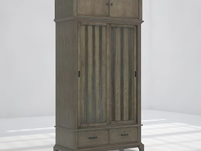 Classic Wooden Wardrobe With Double Doors Vertical Slats And Bottom Drawers 3d model