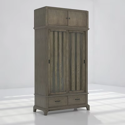 Classic Wooden Wardrobe With Double Doors Vertical Slats And Bottom Drawers 3d model