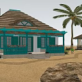 Detached Villa on Waterfront Beach with Palm Trees and Black Boat