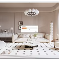 Modern Living Room Interior With White Sofa Round Chandelier And Geometric Pattern Floor Tiles