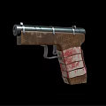 Vintage Scratched Wooden Pistol With Red Stained Grip And Metal Barrel Design