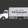 White Box Truck with Colchoes Ortobom Logo on Side and Reflective Surface