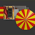 Colorful Hot Dog Cart With Red Yellow Striped Umbrella And Flame Design
