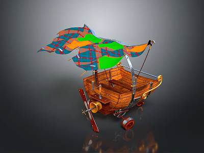 Colorful Plaid Fabric Covered Wooden Craft Model With Red Wheels And Decorative Frame 3d model