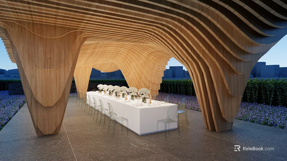 Curved Wooden Pergola Outdoor Setting With White Long Table And Floral Arrangements 3d model 