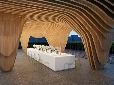 Curved Wooden Pergola Outdoor Setting With White Long Table And Floral Arrangements 3d model