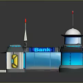 Cartoon Bank Scene With Blue Exterior Dome Antennas Round Devices And Wooden Floor