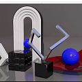 Decorative Ornament Set With White Arch Letters Black Cube Gray Base Blue Sphere Red Fan