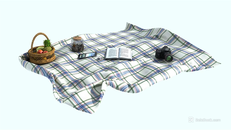 Garden Landscape With Picnic Setup Including Checkered Blanket Basket Fruits Book Camera And Phone 3d model 