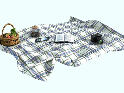 Garden Landscape With Picnic Setup Including Checkered Blanket Basket Fruits Book Camera And Phone 3d model