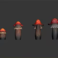 Mushroom Shaped Plants With Red Caps White Edges Dark Stems On Gray Background With Reflection