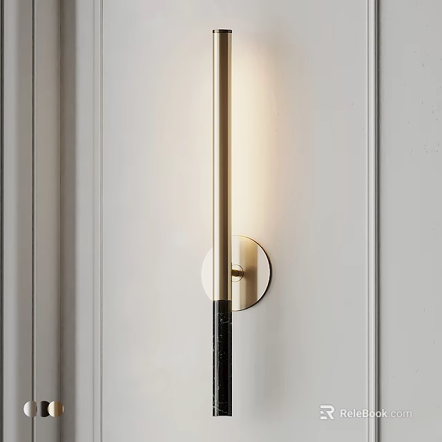 Black Elongated Wall Sconce With Gold Circular Base On Vertical Stripe White Wall And Warm Light 3d model 