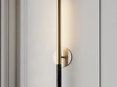 Black Elongated Wall Sconce With Gold Circular Base On Vertical Stripe White Wall And Warm Light 3d model