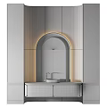 Elegant Modern Bathroom Vanity with Arched Mirror Lighting and Wood Grain Cabinets