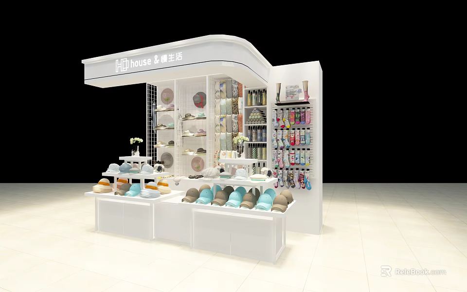 MINISO Store With White Interior Open Shelves Hats Accessories And Cosmetics 3d model 