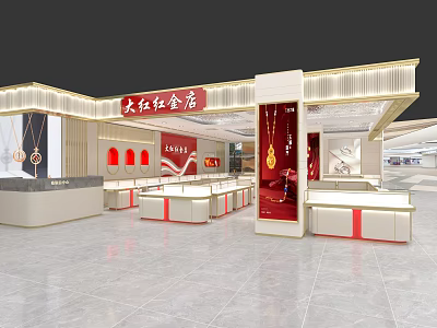 Dahong Gold Store Interior Featuring Luxury Jewelry Display Counters Red Decorations And Elegant Lighting 3d model