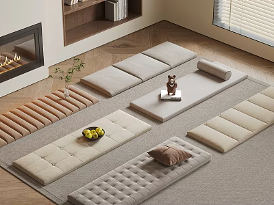 Cozy Living Room with Different Padded Benches on Rug Wooden Floor Fireplace and Decor 3d model