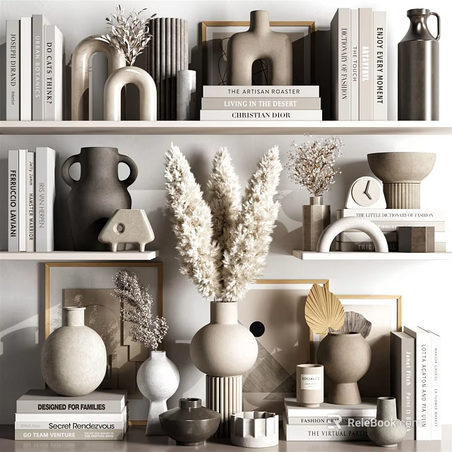 Modern Minimalist Decorative Ornaments Set With Vases Dried Pampas Sculptures And Books On Shelves 3d model 