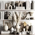 Modern Minimalist Decorative Ornaments Set With Vases Dried Pampas Sculptures And Books On Shelves