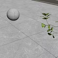 Gray Marble Sphere And Green Leaf Branch On Light Colored Tiled Floor 3d model