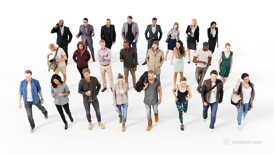 Group of Diverse People Walking and Standing in Various Postures with Different Clothing Styles 3d model 