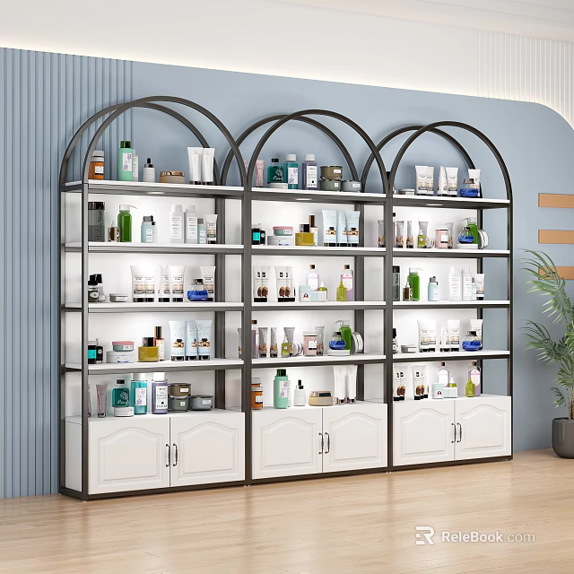 Modern Display Shelves With Arched Top Black Frame And White Cabinets For Skincare Products 3d model 