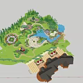 Garden Landscape Design With Green Lawns Flowering Trees Circular Plaza Water Pond And Pavilion
