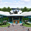 Unique Flower Shaped Building With White Petal Roof And Glass Walls Surrounded By Trees