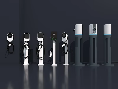 Modern Electric Vehicle Charging Stations With Various Designs And Interface Features 3d model