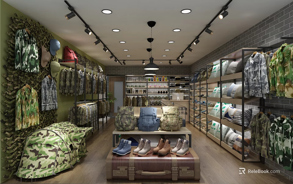 Camouflage Clothing Store Interior With Shelves Shoes And Trunk 3d model 