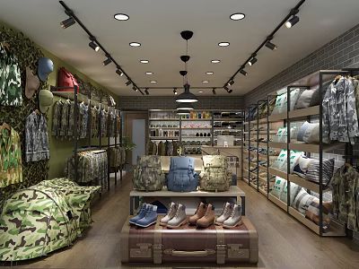 Camouflage Clothing Store Interior With Shelves Shoes And Trunk 3d model